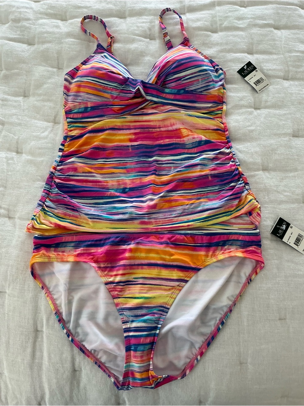 NWT Lauren Ralph Lauren Multi-Color Striped Tankini Swimsuit 14 top/ 16 bottom
